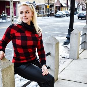 BUFFALO PLAID CHECK COWL SWEATER in RED
